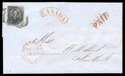 CANADA  1853 (March 28) Folded cover with red wax seal on reverse, mailed from Montreal to New York, franked with a large margined 6p slate violet on laid paper, bold colour and showing clear laid lines; cleaned to remove stains and portion of addressee excised but shows clear Montreal dispatch, Canada arc and PAID handstamps in red, VF; 2001 BPA cert. (Unitrade 2)
