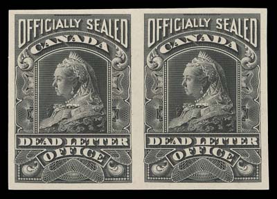 CANADA  OX2P,Plate proof pair printed in black, colour of issue, on card mounted india paper, with large margins and in pristine condition, XF and choice
