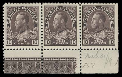 CANADA  116,An impressive plate "A7" strip of three, natural straight edge at right with pencil "Mch 31 / 19" date of acquisition by pioneer Admiral issue collector Major White. Left pair with superb Type A lathework, with printing order number "934 F" visible under on centre stamp. Unusually well centered with large margins, hinged on left stamp only, right pair is NH. A rare and appealing lathework / plate numbed multiple, ideal for exhibition, VF (Cat. as normal lathework pair)
