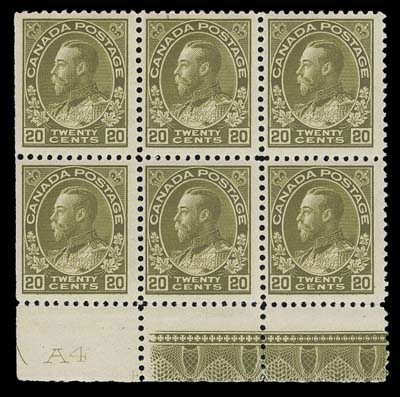 CANADA  119c,Mint plate "A4" block of six with natural straight edge and guide arrow at left, right block shows full strength Type A lathework with unusually prominent doubling of the lathework (16mm wide) below lower right stamp; top centre stamp hinged, others NH. An appealing and very scarce plate number lathework piece, F-VF; Unitrade cat. as a block of four with doubling. ex. "Lindemann" collection (private treaty circa. 1997)