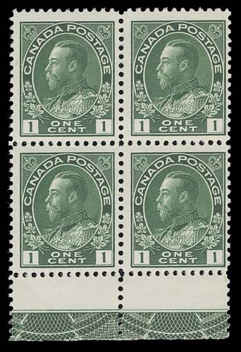 CANADA  104ii,Mint block in an attractive deep shade, small thin on upper left stamp, showing remarkable strong, full strength Type C lathework, lower left stamp F-VF LH and lower right Fine NH; a scarce and beautifully fresh block.