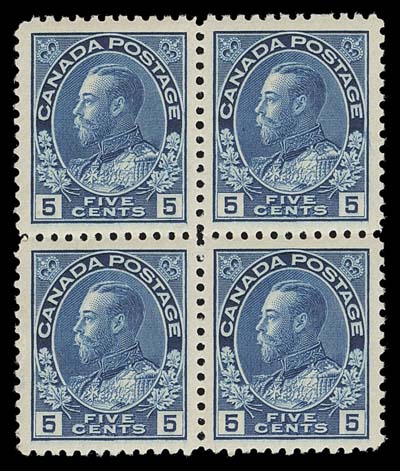 CANADA  111,A superbly centered mint block with amazing bright colour on pristine paper, possessing full unblemished original gum. Choice multiples of the five cent blue are very scarce, XF NH