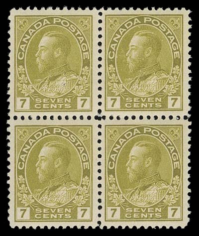 CANADA  113c,A fabulous mint block of four of this rare and sought-after shade, displaying superior centering, true deep colour and full original gum, minute natural gum inclusion on top left stamp, NEVER HINGED. One of the key shades of the entire Admiral issue and virtually non-existent as a VF NH block; 1995 Greene Foundation certificate. (as old number 113ii and described as "block of four, sage green shade, mint O.G., NH)