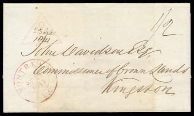 CANADA STAMPLESS COVERS  1841 (September 23) Folded cover from Quebec to Kingston, struck  with a light but clear double framed triangle "Q" steamboat  cancellation with filled-in "23 Spt 1841" date, rated "1/2",  shows double ring Montreal SE 24 1841 transit in red. A very  scarce steamboat cancellation (about a dozen known) of exhibition caliber, VF