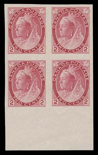 CANADA  77d,An imperforate block of four of the scarcer die, very attractive with brilliant fresh colour and sheet margin at foot. Multiples are seldom seen, VF