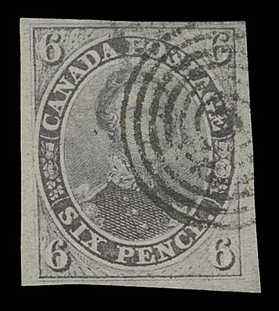 CANADA  2,A selected used example with faint laid lines plainly visible in fluid, clear to very large margins, sharp and neatly struck concentric rings cancel, VF; 2018 Greene Foundation cert.