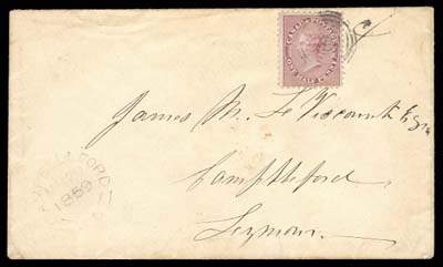 CANADA  1859 (March 20) Envelope addressed locally and franked with a single ½p lilac rose perf 11¾, quite well centered for the issue and in sound condition, tied by concentric rings cancel, light but complete Campbellford MR 20 1859 dispatch at left; minor cover wrinkle at top well away from stamp. An attractive local drop letter rate (only 14 reported) and especially so from a small town, F-VF (Unitrade 11i)