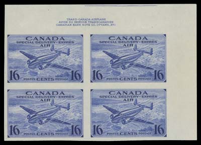 CANADA  CE1a,A remarkable mint imperforate Plate 1 upper right block, exceptionally fresh with full original  gum. Exceedingly rare and very desirable, VF LH; ex. Alfred F. Lichtenstein (November 1954; Lot 672), George Ludlow Lee (December 1963; Lot 499)

Only one similar positional imperforate plate block is known (ex. D.H. Davis, November 1992; Lot 1752, Barron October 2016; Lot 202 - Sold for $6,000 hammer)