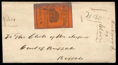 CANADA  Envelope dispatch from London, C.W. circa. 1864 to The Superior Court of Buffalo,  New York; Forwarded by American Express Company, Livingston, Fargo & Co imprint with "Dog guarding a strongbox" illustration in black on red adhesive label of London, C.W. affixed, edge faults at top due to placement, originally contained court papers, a Fine appearing and very rare usage of this express company label.  