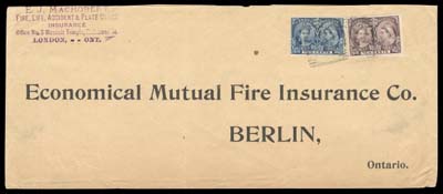 CANADA  1897 (October 1) Legal size pre-addressed Economical Mutual Fire Insurance Co. cover mailed from London to Berlin, Ont. franked with 5c & 10c Jubilees tied by light squared circle dispatch; next-day Berlin OC 2 receiver on back. Cover with couple vertical folds and edge wrinkles (quite normal as it paid five times the domestic letter rate up to 6 ounces); a very scarce commercial usage franked solely with Jubilee stamps, F-VF (Unitrade 54, 57)                                                        