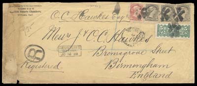 CANADA  1888 (June 16) Legal envelope from Ottawa to Birmingham, England franked with  three 5c olive green, a 10c light rose lilac and a 5c yellow green RLS, Montreal printings, perf 12, some faults; paying a very unusual five-fold UPU letter rate plus 5c  registration, cancelled by segmented corks, boxed Registered Ottawa CDS, via London with clear receiver backstamp. Some cover faults and ageing but has  original letter and registration certificate dated JU 14, Fine appearance, a very  scarce rate. (Unitrade 38, 40i, F2) ex. Don Bowen (June 1995; Lot 2317), Harry Lussey (Sept. 1999; Lot 2188)