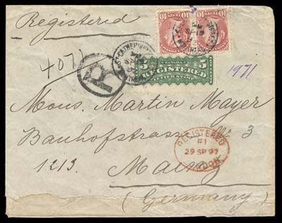 CANADA  1892 (September 19) Registered envelope franked with a remarkable franking consisting of a 10c Small Queen pair in a beautiful rose carmine shade (Ottawa printing), perf 12 and a 5c green RLS tied by St. Catherines Street / Montreal dispatch CDS, oval "R" handstamp, addressed to Mainz, Germany, clear Registered 29 SP 92 London oval  transit in red; clear, complete Mainz 30.9.92 receiver backstamp, roughly opened at foot and trivial wrinkles all away from the stamps. An exceedingly rare quadruple UPU (20 cent) letter rate to Germany, plus 5c registration. To the best of our knowledge this is a UNIQUE franking to Germany, Fine (Unitrade 45a, F2)

Interestingly enough only one other Ten cent Small Queen cover to Germany has been reported with a 5 cent Registered Letter Stamp, dated July 1888, and franked with a single 10 cent.