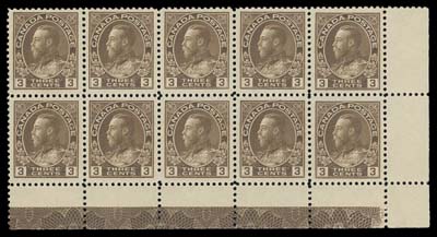 CANADA  108c,A well centered mint lower right block of ten from showing impressive, complete, full strength Type D lathework, rich colour; small disturbance spot on bottom centre stamp, upper corner stamps hinged, others NH. A rare and appealing multiple, VF; 2020 Greene Foundation cert. (Unitrade cat. as two VF hinged blocks and one VF NH single with lathework)
