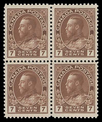 CANADA  114, 114v,A very well centered mint block with brilliant colour, lower left stamp shows diagonal line in "N" of CENTS" variety (from Plate 8), VF+ NH; 2020 Greene Foundation cert.