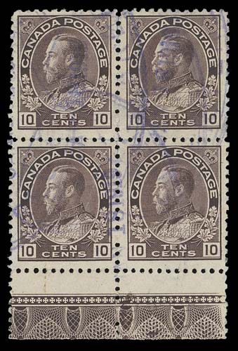 CANADA  116,Well centered used block with full strength Type A lathework, easily legible printing order "934F" number under lathework of right stamp, oval registered JAN 18 1919 cancels in blue. A rare used lathework block of this key value, F-VF; 2020 Greene Foundation cert.