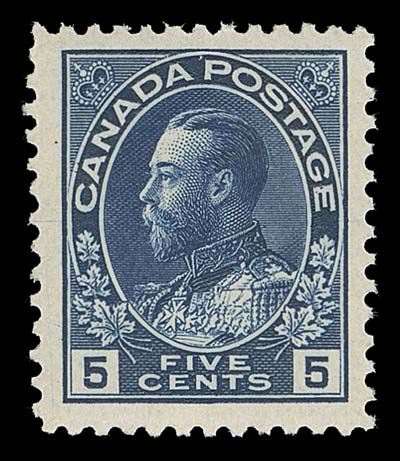 CANADA  111 shade,A noteworthy mint single, nicely centered with very large margins, displaying an unusually deep shade of blue similar to the (first printing) indigo shade. A great stamp for the shade enthusiast, VF NH; 2020 Greene Foundation cert.