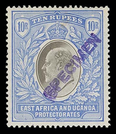 EAST AFRICA AND UGANDA  17-29A,Set of 14 complete to the 10 rupee; plus 1907-1908 1c/75c (new currency) KEVII set of 8 (less 15c). All with bright fresh colours and NEVER HINGED. The ½a-8a with horizontal serifed SPECIMEN overprints in black; others with diagonal SPECIMEN handstamp overprint in violet (ex. Goa collection), F-VF NH (SG 17-31, 34/42)
