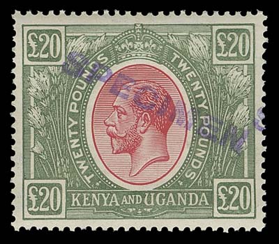 KENYA, UGANDA, TANGANYIKA  41B,A precisely centered mint single in pristine condition with bright fresh colours, displaying a diagonal SPECIMEN handstamp overprint in violet-blue (ex. Goa collection) and full unblemished original gum, XF NH (SG 101)