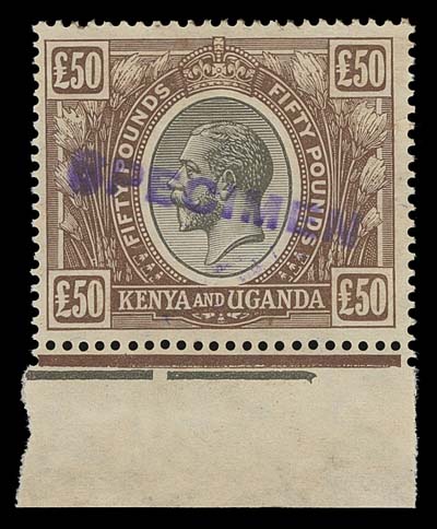 KENYA, UGANDA, TANGANYIKA  41C-41F,The four high values of the set, each with diagonal SPECIMEN handstamp overprint in blue. First three without gum and couple shorter perfs on £25; the £100 thinned at lower right but nevertheless with nice appearance and large part OG. A striking group of these sought-after high values, a perfect alternative to the very expensive stamps, F-VF (SG 102-105)