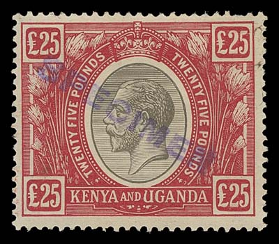 KENYA, UGANDA, TANGANYIKA  41C-41F,The four high values of the set, each with diagonal SPECIMEN handstamp overprint in blue. First three without gum and couple shorter perfs on £25; the £100 thinned at lower right but nevertheless with nice appearance and large part OG. A striking group of these sought-after high values, a perfect alternative to the very expensive stamps, F-VF (SG 102-105)