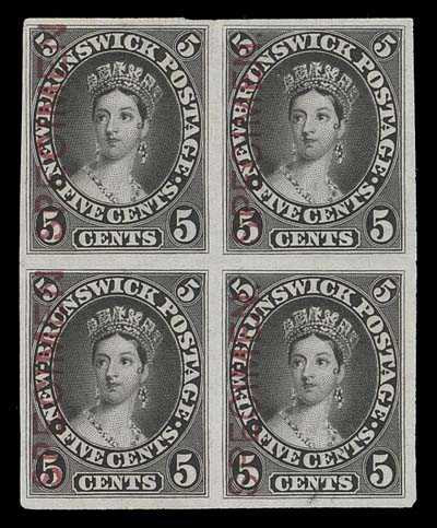 NEW BRUNSWICK  8TCi, iii,Trial colour plate proof block of four, printed in black on india paper, showing the scarce  SPECIMEN Type D overprint in red on left pair (right pair Type B), VF