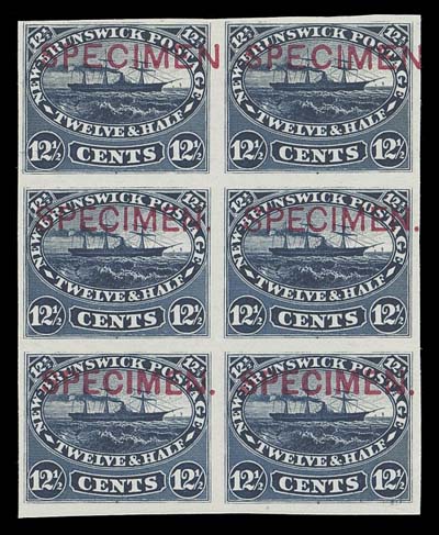NEW BRUNSWICK  10Pii, iii, iv,Plate proof block of six in thee issued colour on card mounted india paper, showing all three types of horizontal SPECIMEN overprint in red (the elusive Type D on top row, Type B at centre and Type C at foot. A scarce se-tenant SPECIMEN block in choice condition, VF