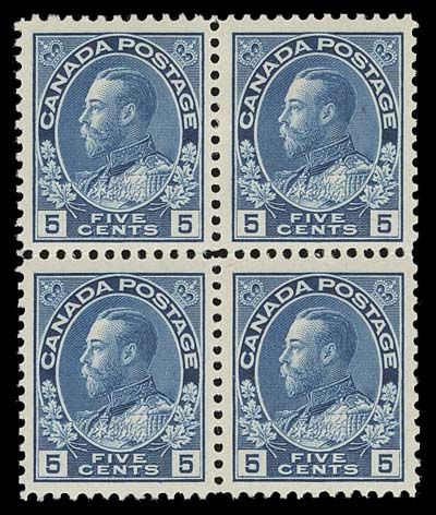 CANADA  111,A choice, well centered mint block of four in a brighter shade than normally encountered, small hinge on top pair, lower pair is never hinged, VF