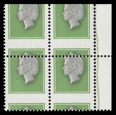 CANADA  789d,The unique corner positional block from the sole sheet recorded, black inscriptions completely omitted and displaying the major design shift (as do all known examples), gum thin on top right stamp. A fabulous modern error, VF NH