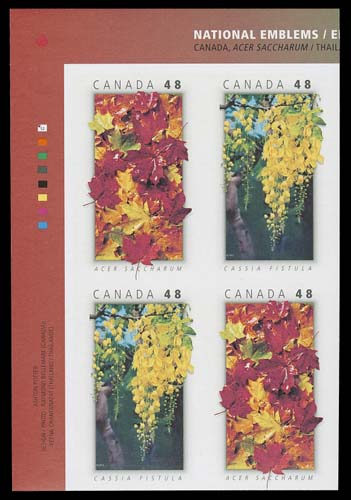 CANADA  2001c,Upper left se-tenant mint imperforate plate inscription block of four in pristine condition. Only five panes of 16 stamps (20 plate blocks) have been recorded, XF NH (Cat. as two imperforate pairs)