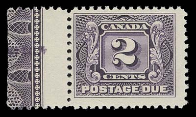 CANADA  J2,A brilliant fresh mint single with complete, full strength Type A lathework in the left margin, full original gum; a most attractive lathework stamp, Fine+ NH