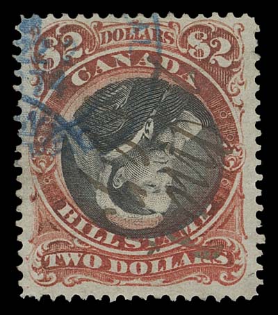 CANADA REVENUES (FEDERAL)  FB53a,An outstanding example of the striking INVERTED CENTER major error, unusually well centered and displaying a combination of manuscript and blue datestamp cancellations. A wonderful example in flawless condition unlike most of the known examples. An amazing stamp in all respects, VF and rare (Van Dam cat. $12,500)

Expertization: 2010 Greene Foundation certificate

Provenance: Robert Cunliffe, June 2009; Lot 1074
                   Philip Little Jr, Sissons Sale 335, February 1974; Lot 694
