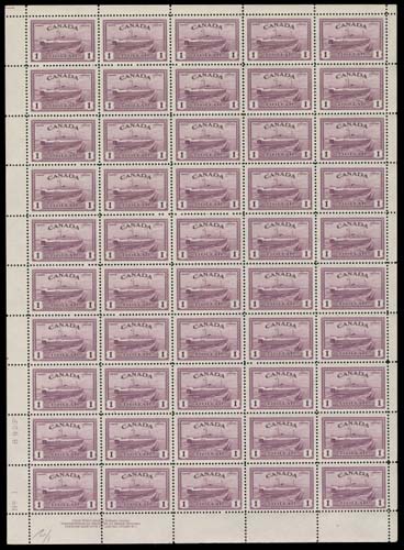 CANADA  268-273,The complete set of seven in full mint sheets of 50, each lightly folded once, all with Plate 1 plate imprint - 8c UR, 10c LR, 14c UR, 20c LR, 50c UR and $1 LL. The 50c & $1 show some minor perf separation in sheet margins at top and at bottom respectively, latter also along top two rows between third and fourth column, a scarce set of full sheets, VF NH (Unitrade cat. $6,665)