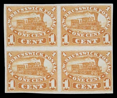 NEW BRUNSWICK  6TC,An attractive trial colour plate proof block of four reddish orange on india paper. Seldom encountered, especially in a multiple, VF