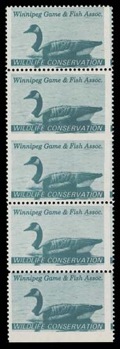 CANADA WILDLIFE STAMPS (PROVINCIAL)  MW1a,An unusually choice mint vertical strip of five, imperforate horizontally between second and third stamps; this pair is very well centered with large margins, VF NH (Van Dam cat. $550)