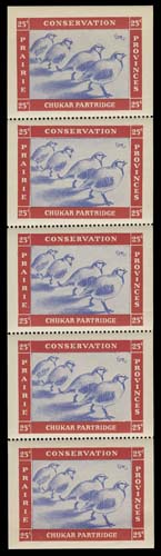 CANADA WILDLIFE STAMPS (PROVINCIAL)  PC1-PC5, PC6a,The set of five in mint blocks of four, plus 25c blue & red Partridge pane of 5, all fresh and VF NH (Van Dam cat. $740)