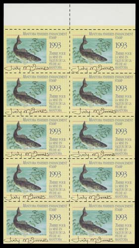 CANADA WILDLIFE STAMPS (PROVINCIAL)  MBF1a-MBF17a,Complete run for period covered of undenominated Fishing Stamps in panes of ten; each pane has all ten stamps signed by artist, VF NH (Van Dam cat. $1,870 as normal unsigned stamps)