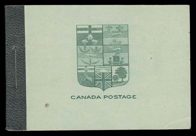 CANADA  BK3a,Complete English booklet with dark blue green binding tape under staple; contains four panes of six of the elusive 1c deep blue green on horizontal wove paper - the distinctive Squat Printing, ranging from fine to well centered for the issue; large Type I information sheets (43mm wide). Booklet has corner bend at lower right likely from the binding process, small spot on front cover, a rare booklet, F-VF
