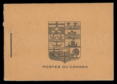 CANADA  BK4b,Complete French booklet, typographed cover, no binding tape, contains four panes of six of the 1c yellow, Die I, showing large slogan inside text (capital letters 7.5mm high), light vertical fold along staple line. Much scarcer than the English version, yet cataloguing only slightly higher, F-VF