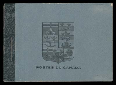 CANADA  BK9a,Complete booklet in French, dark green binding tape under staple, contains three panes of four + two labels of 1c yellow, 2c green and 3c brown, sans serif capitals with War Tax rates inside; front cover with light creases and faint erasures, a rare intact booklet, F-VF
