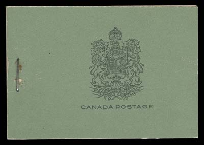 CANADA  BK15a,Complete English booklet with typographed covers, no binding tape under staple, containing two panes of six of the 2c dull green Arch, Die I, flat press printing, unusually choice, VF
