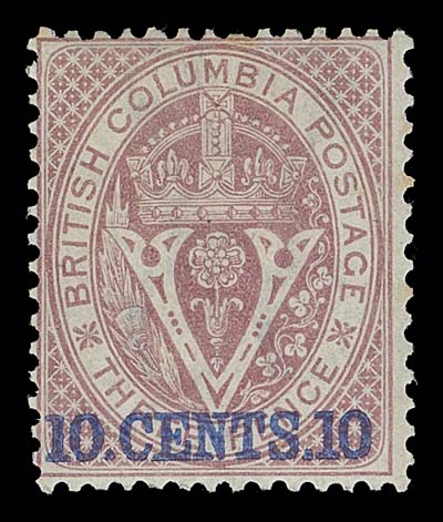 BRITISH COLUMBIA  10,A brilliant mint single with intact perforations and remarkably full, dull streaky original gum; pencil signed by experts Bolaffi, Enzo Diena and A. Diena. A very nice stamp, Fine+ LH