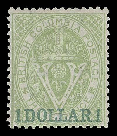 BRITISH COLUMBIA  13,An exceptionally choice mint single with bright colour, intact perforations well clear of the design on three sides, pristine fresh paper. This beautiful stamp displays remarkable attributes, as fresh as the day it was printed, VF LH