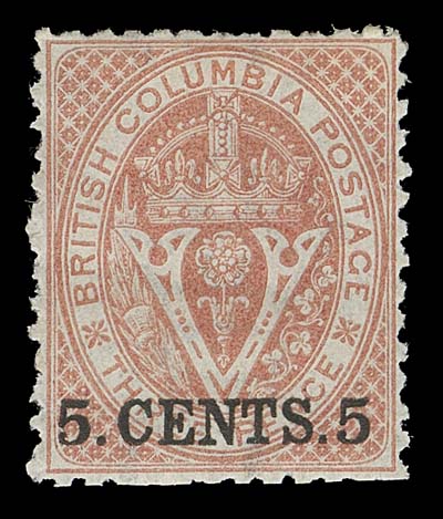 BRITISH COLUMBIA  14,An attractive mint example of this challenging stamp, a few irregular perfs as often seen on the 1869 Issue, nevertheless unusually well centered and displaying superb colour and full clean white original gum, better than most we have seen, Fine LH