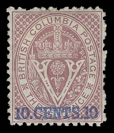 BRITISH COLUMBIA  15,An unusually well centered mint single, a few uncleared perf discs typical of the 1869 Perf 12½ issue, large part OG lightly sweated; two guarantee backstamps, Fine and attractive