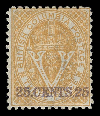 BRITISH COLUMBIA  16,A premium mint single with superb deep colour, intact perforations and very well centered for this issue, large part OG, VF; 2015 Greene Foundation cert.