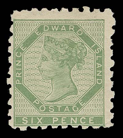 PRINCE EDWARD ISLAND  3,A bright mint single with excellent colour and unusually intact perforations for this issue, tiny translucent spot, otherwise in sound condition, quite lightly hinged, Fine OG