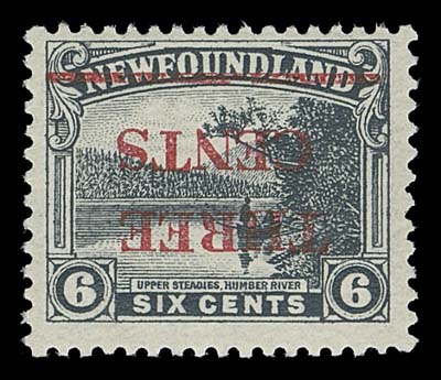 NEWFOUNDLAND  160a,A bright, fresh mint single with inverted surcharge, F-VF NH; only three panes of 25 were surcharged in error, a small number survive in never hinged condition. 2019 Greene Foundation cert.