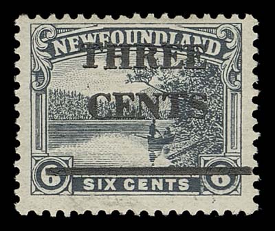 NEWFOUNDLAND  160i,Mint single of the trial surcharge IN BLACK, Type I showing wide 5mm spacing between "CENTS" and bar, full OG showing only a faint trace of hinging, scarce, F-VF VLH; 2009 Sismondo cert. ex. Mount Pearl collection (February 2018; Lot 758)