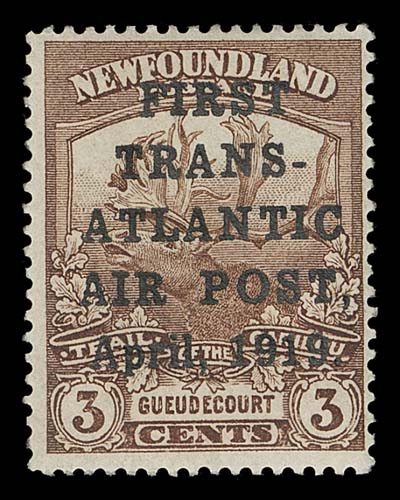 NEWFOUNDLAND  C1,A beautiful mint example of this sought-after pioneer airmail rarity, displaying the characteristic colour and clear impression associated with the very limited print run of only 200 stamps, possessing intact perforations and full original gum with the customary "J.A.R." initials of Postmaster General Dr. J Alex Robinson on reverse. A highly desirable example of this classic airmail stamp, Fine+ LHExpertization: 1980 BPA and 2019 Greene Foundation certificatesProvenance: Sir Gawaine Baillie, British North America Volume VII, Sotheby