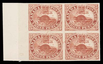 CANADA  1P + variety,Plate proof block of four with sheet margin at left on card mounted india paper, showing the Major Re-entry (Pane B; Position 42) at top right with extensive doubling in lettering including "VR", ovals, etc., XF